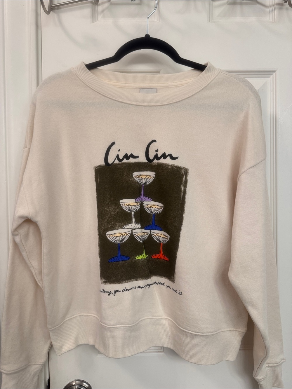 Maeve Cin Cin Cream Graphic Sweatshirt with Colorful Glasses